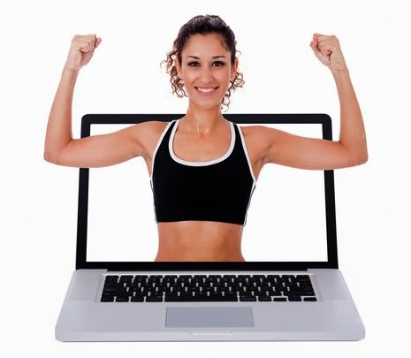 Fitness woman showing a exercises position through laptop screen