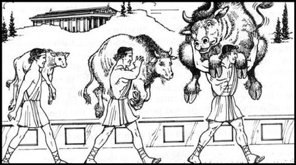 Drawing of three men carrying different sized animals they've hunted.